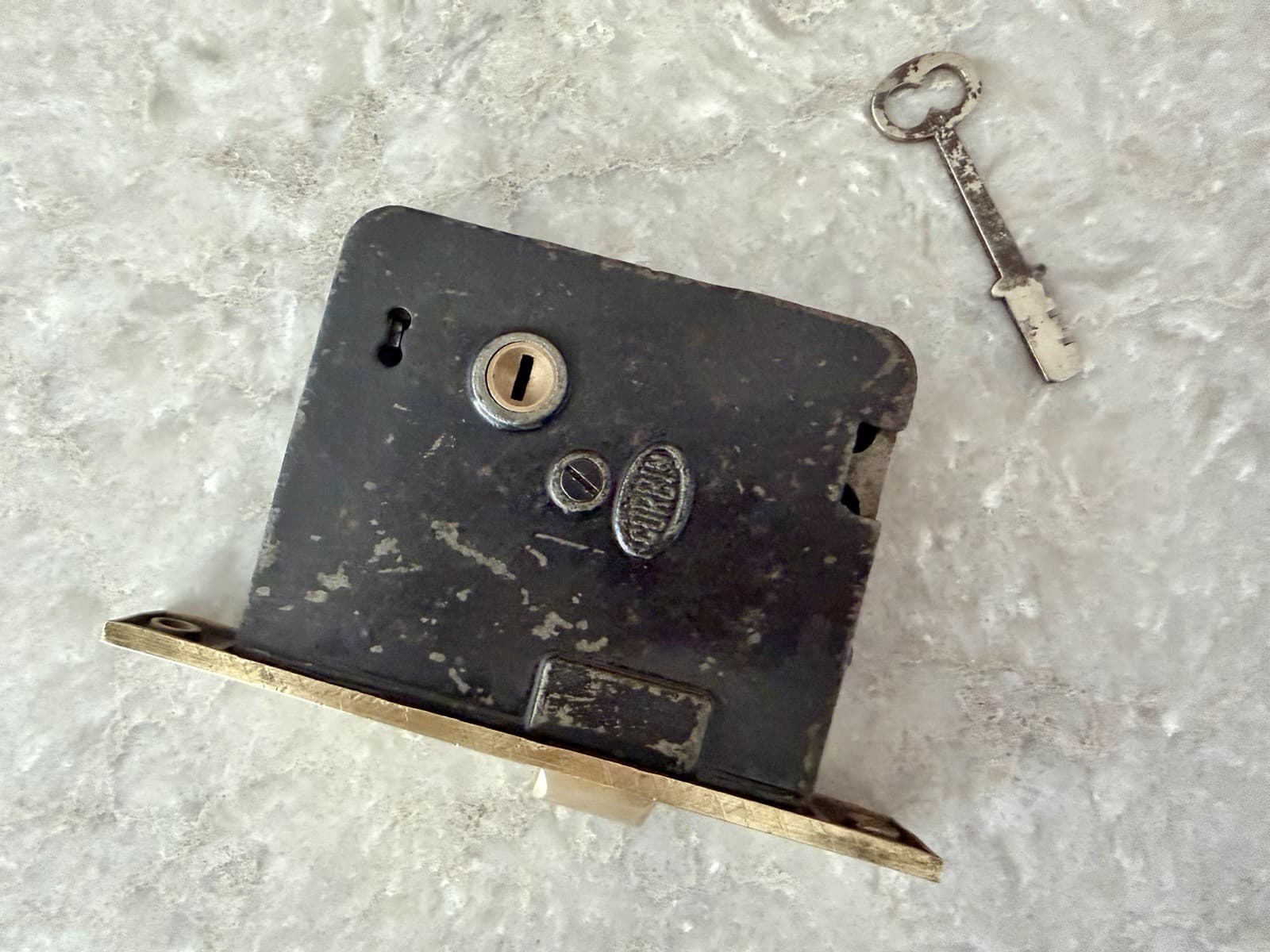Antique Corbin Mortise Door Lock w/ Original Skeleton Key Brass Faceplate