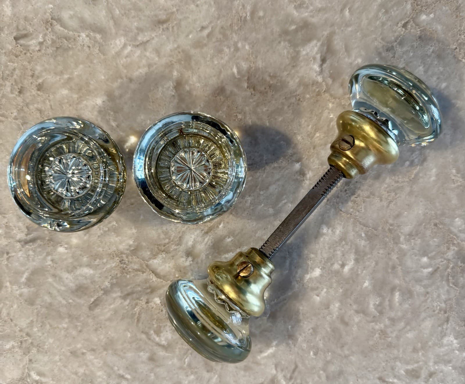 2 sets Vintage Clear Glass Door Knobs w/ Brass Collars 2” Knobs w/ 3.5” Spindle