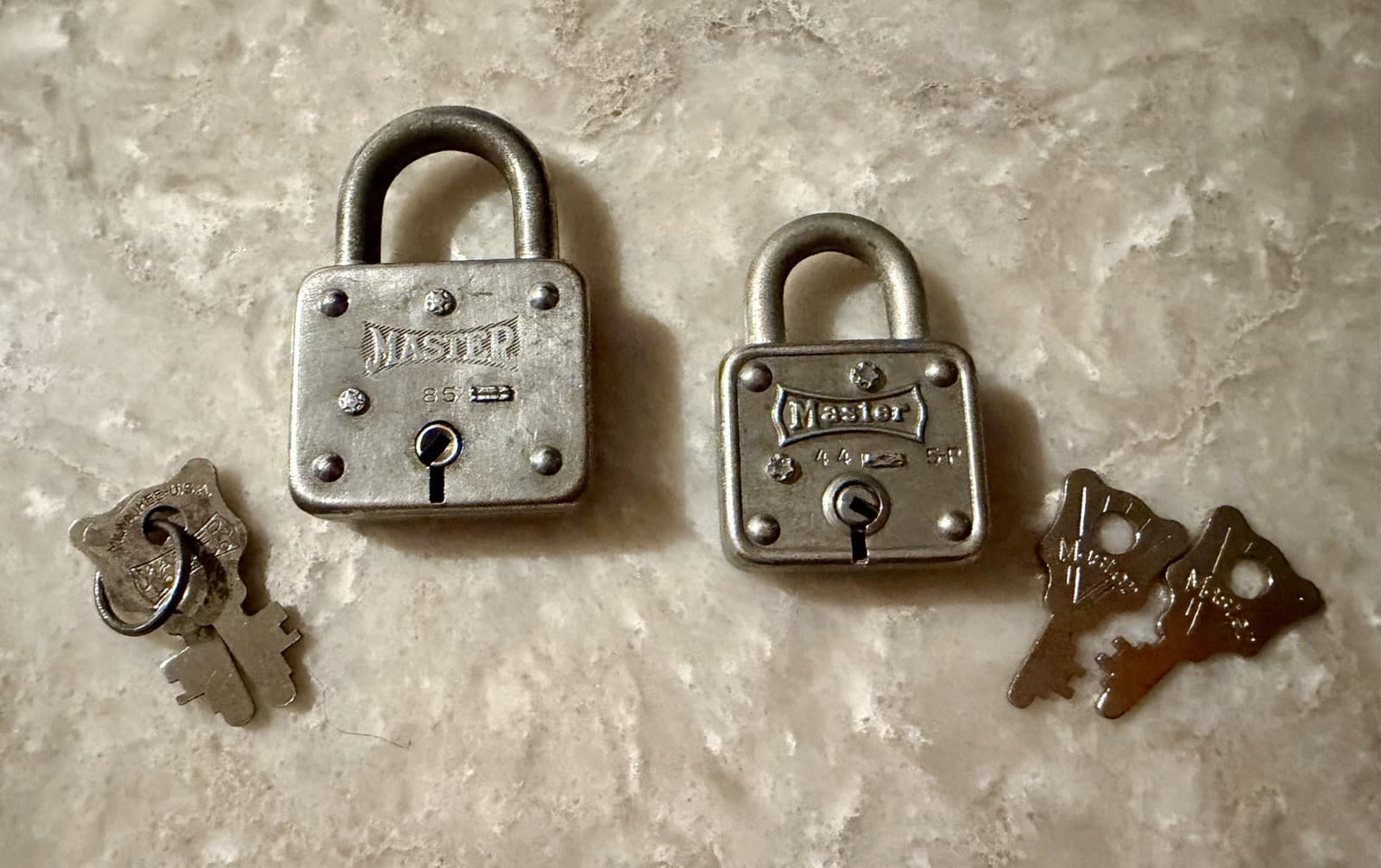 Vintage Master Lock Padlocks Models 85 & 44 5P w/ Keys Made USA Pair