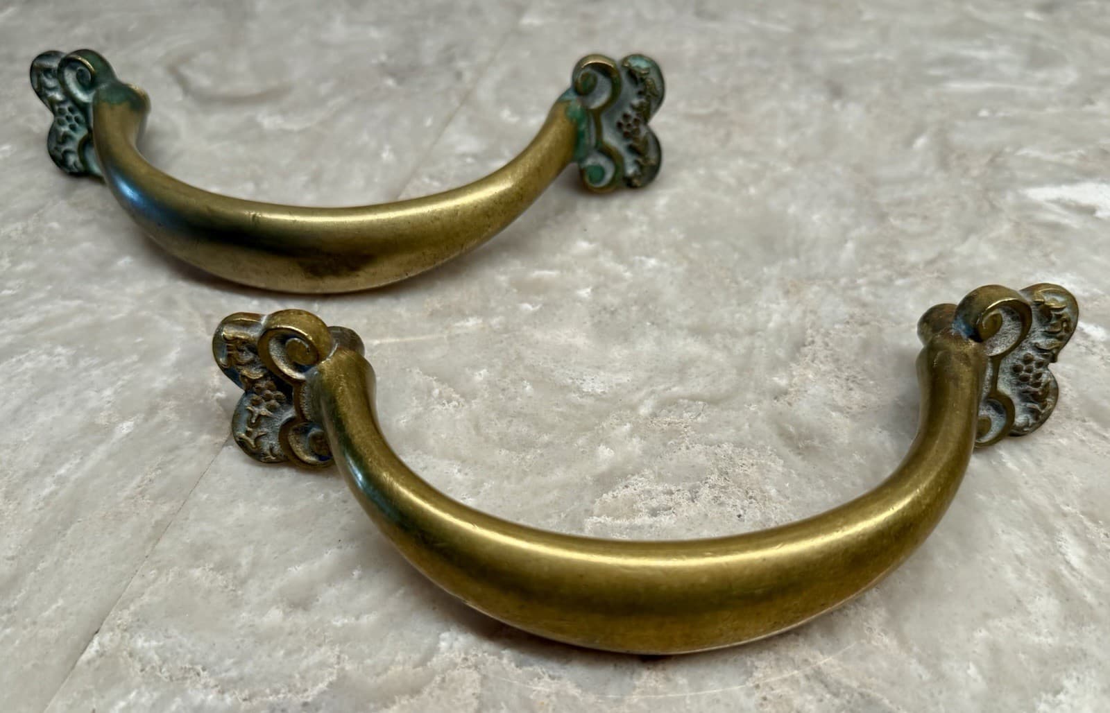 Pair Vintage Solid Brass Grapevine Cabinet Drawer Pulls 5” CTC Art Nouveau