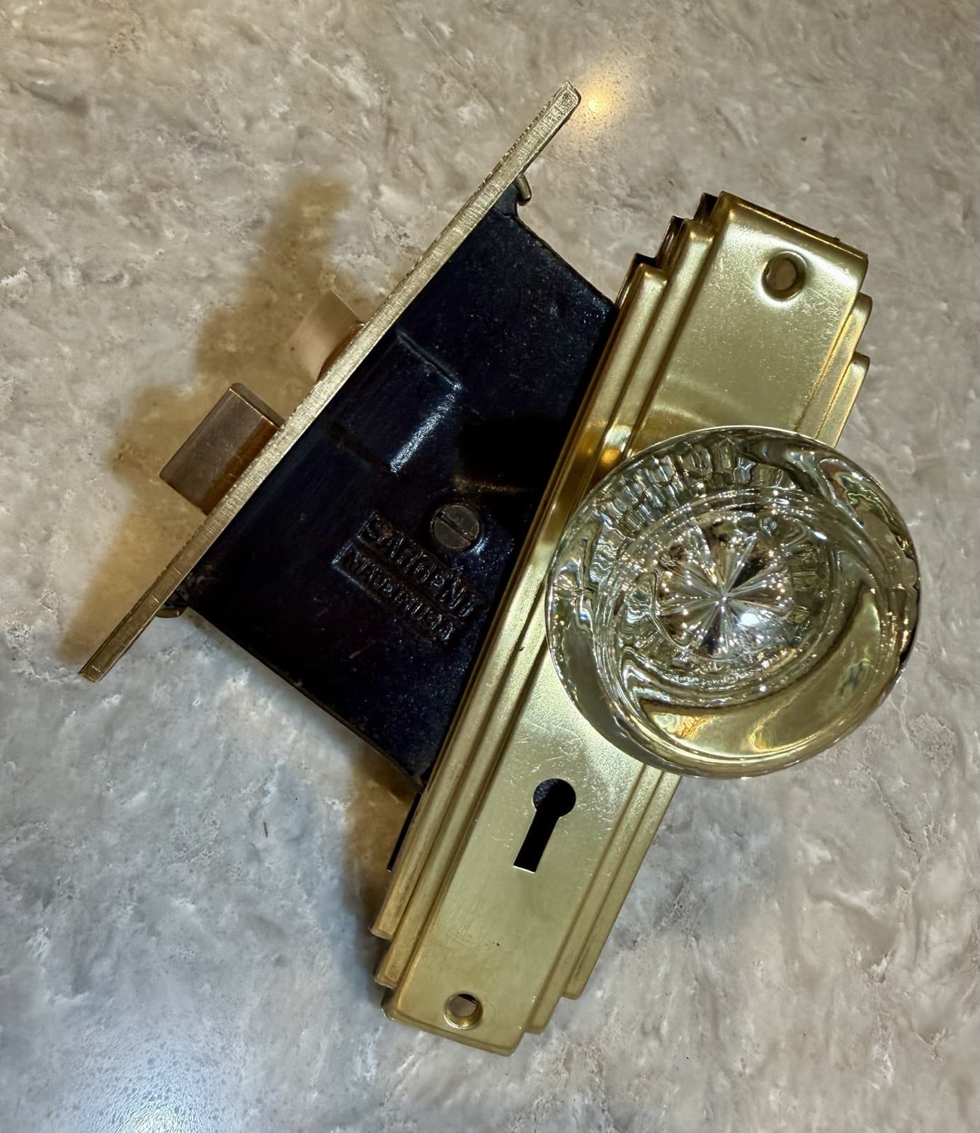 Vintage Sargent Mortise Lock Set Glass Door Knobs Art Deco Plates Key Complete
