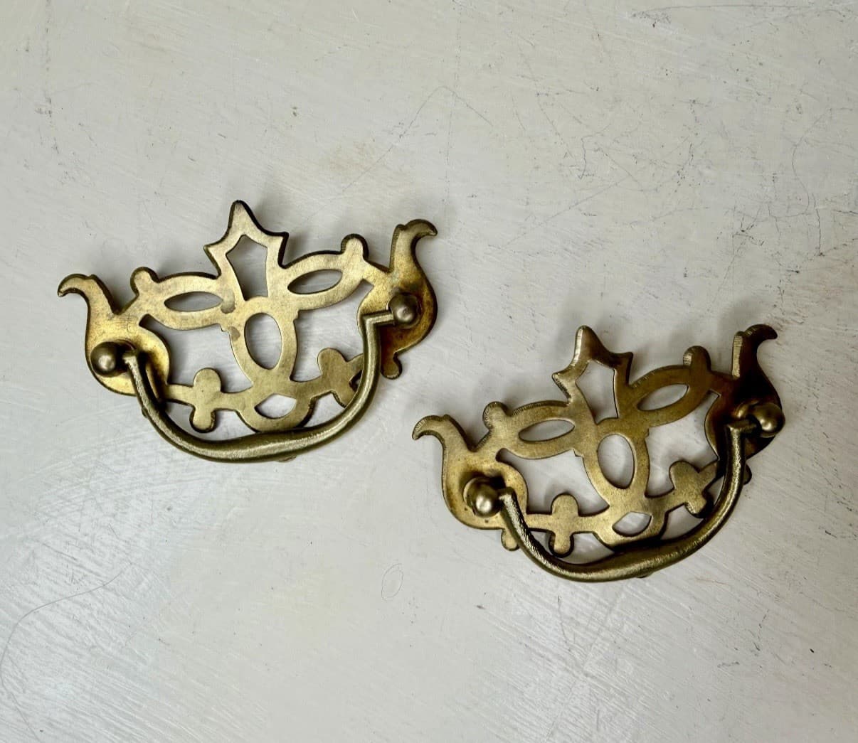 Vintage Solid Brass Gothic Bail Drawer Pulls Set of 2