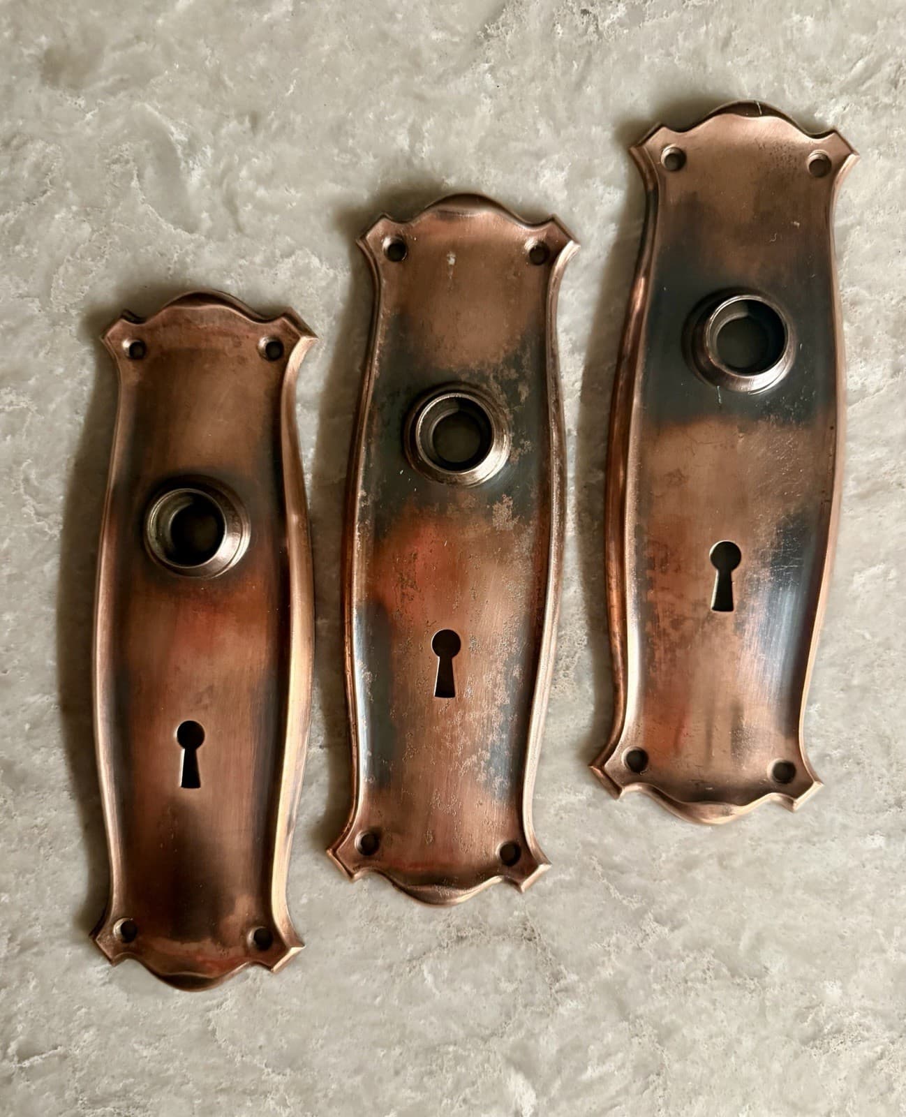 Vintage Stamped Steel Door Backplates Set of 3 Copper Bronze Finish 2.5” x 7.75”