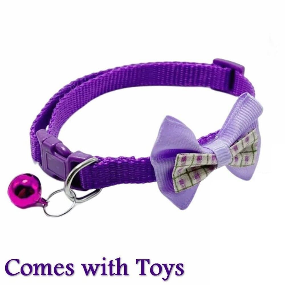 Kylee Kaylen Colorful Purple Plaid Bow Tie Bell Cat Collar and Toys Gift Package