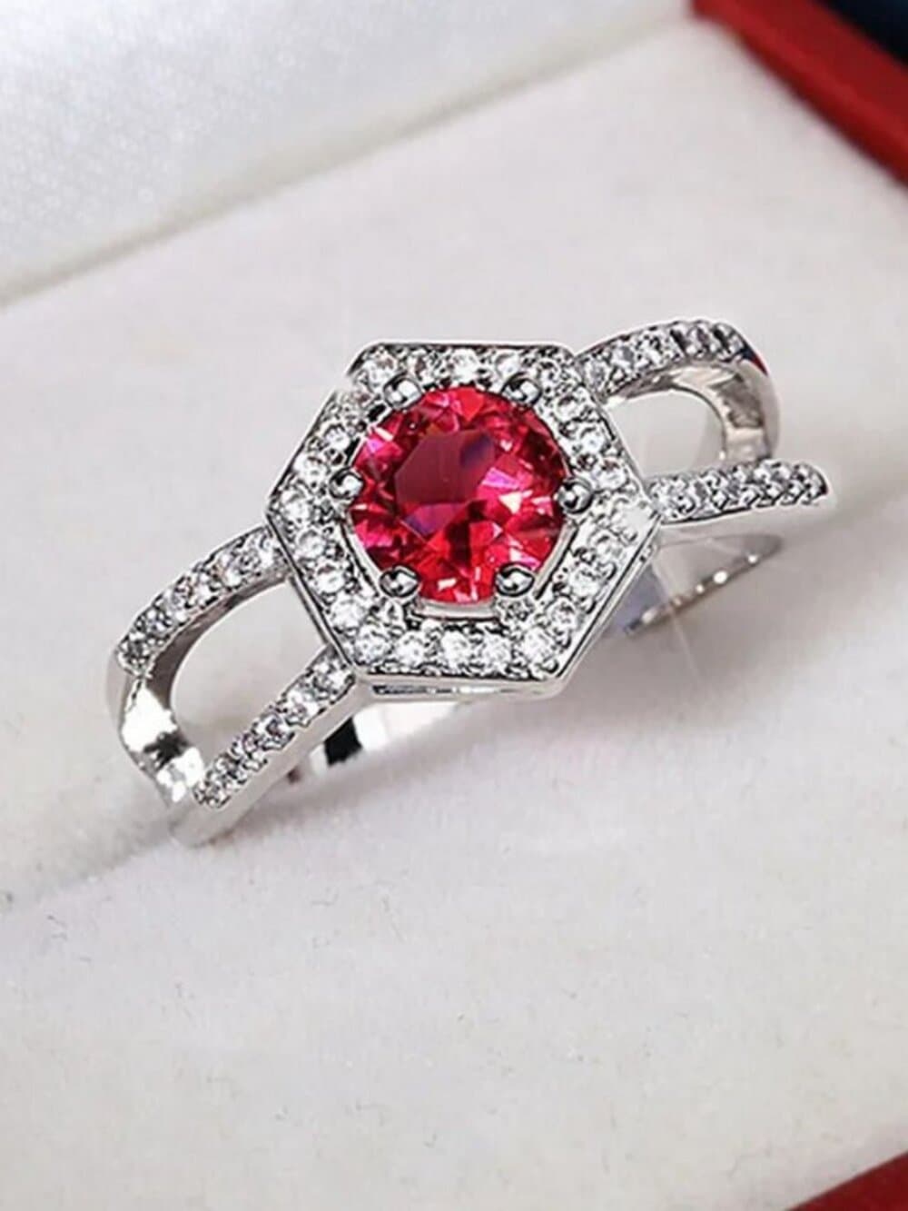 Kiara Grace Womens Rosy Red Hexagon Framed Crystal Silver Ring Size 6 Gift Boxed