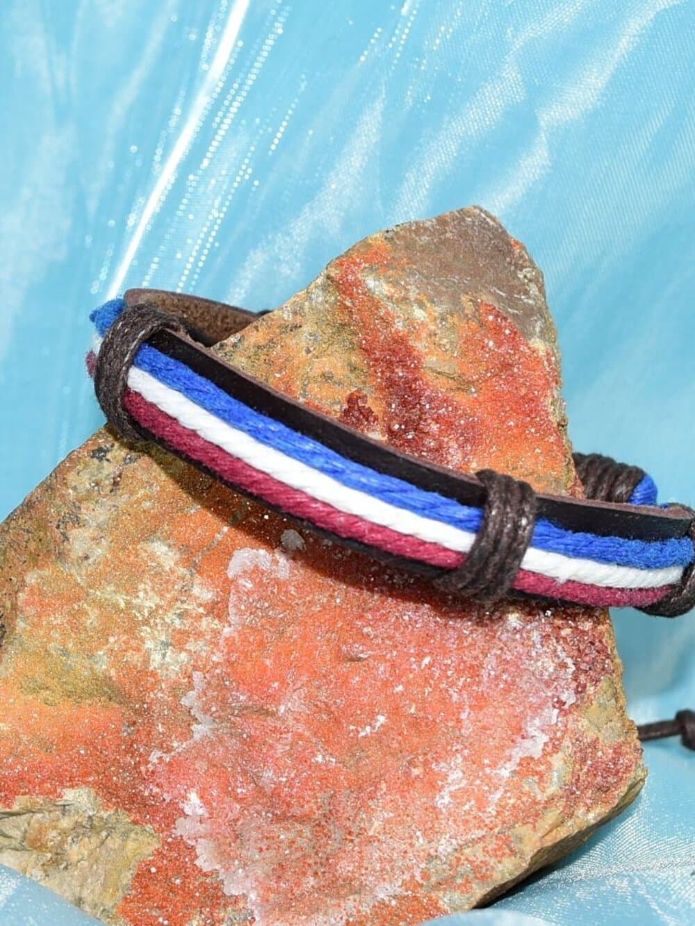 Cameron Layer Hemp Tie Leather Bracelet Brown Red White Blue Mens Gift Boxed