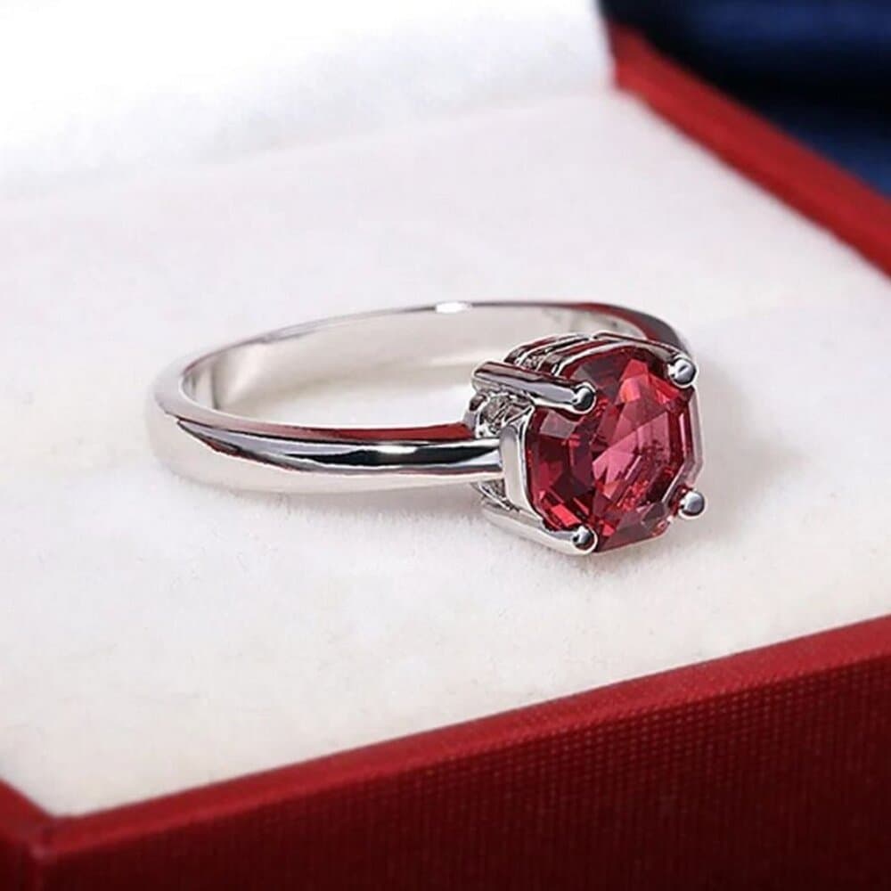 Cecilia Rose Womens Red Octagon Crystal Silver Ring Size 8 Gift Boxed