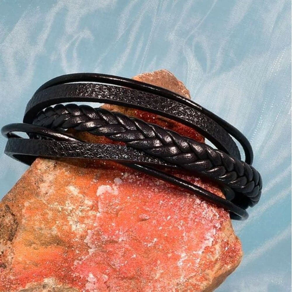 Vault Josef Mens Five Layer Silver Metal Clasp Leather Bracelet Black Gift Boxed