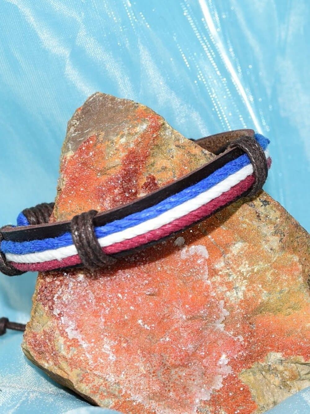 Cameron Layer Hemp Tie Leather Bracelet Brown Red White Blue Womens Gift Boxed