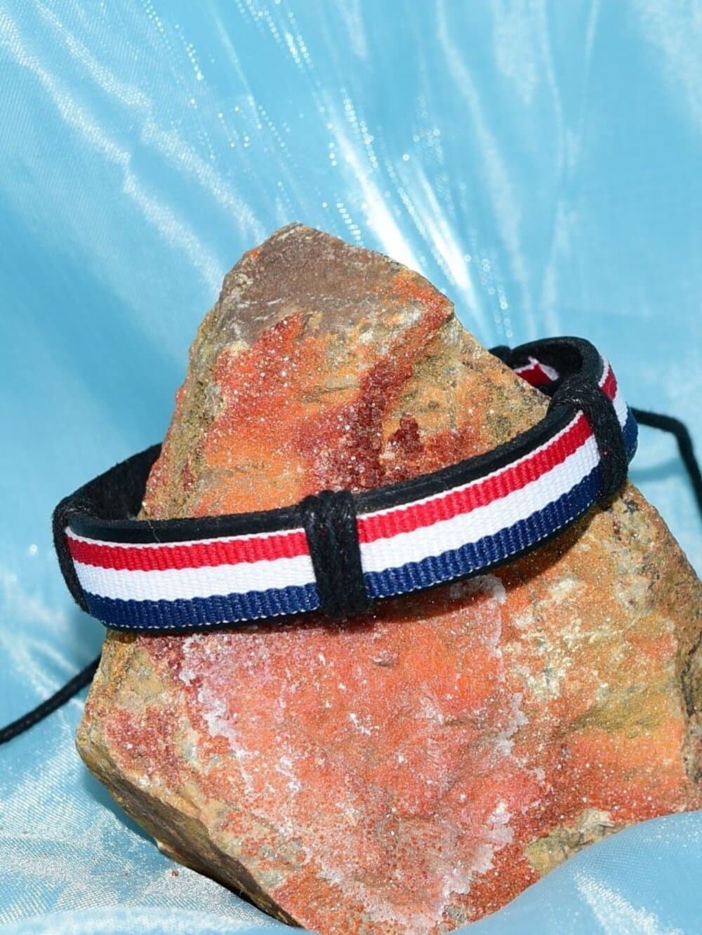 Rey Ribbon Slide Tie Leather Bracelet Red White Blue Stripe Mens Gift Boxed