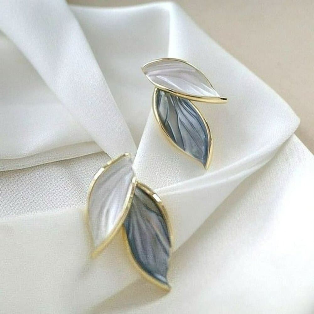 Natalie Elyse Leaf Earrings in Soft Blue and Creamy White on Gold Gift Packaged