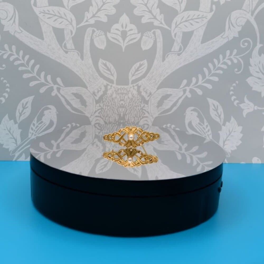 Pearl Accented Gold Filigree Brooch Pin Caroline C Estate Collection Piece