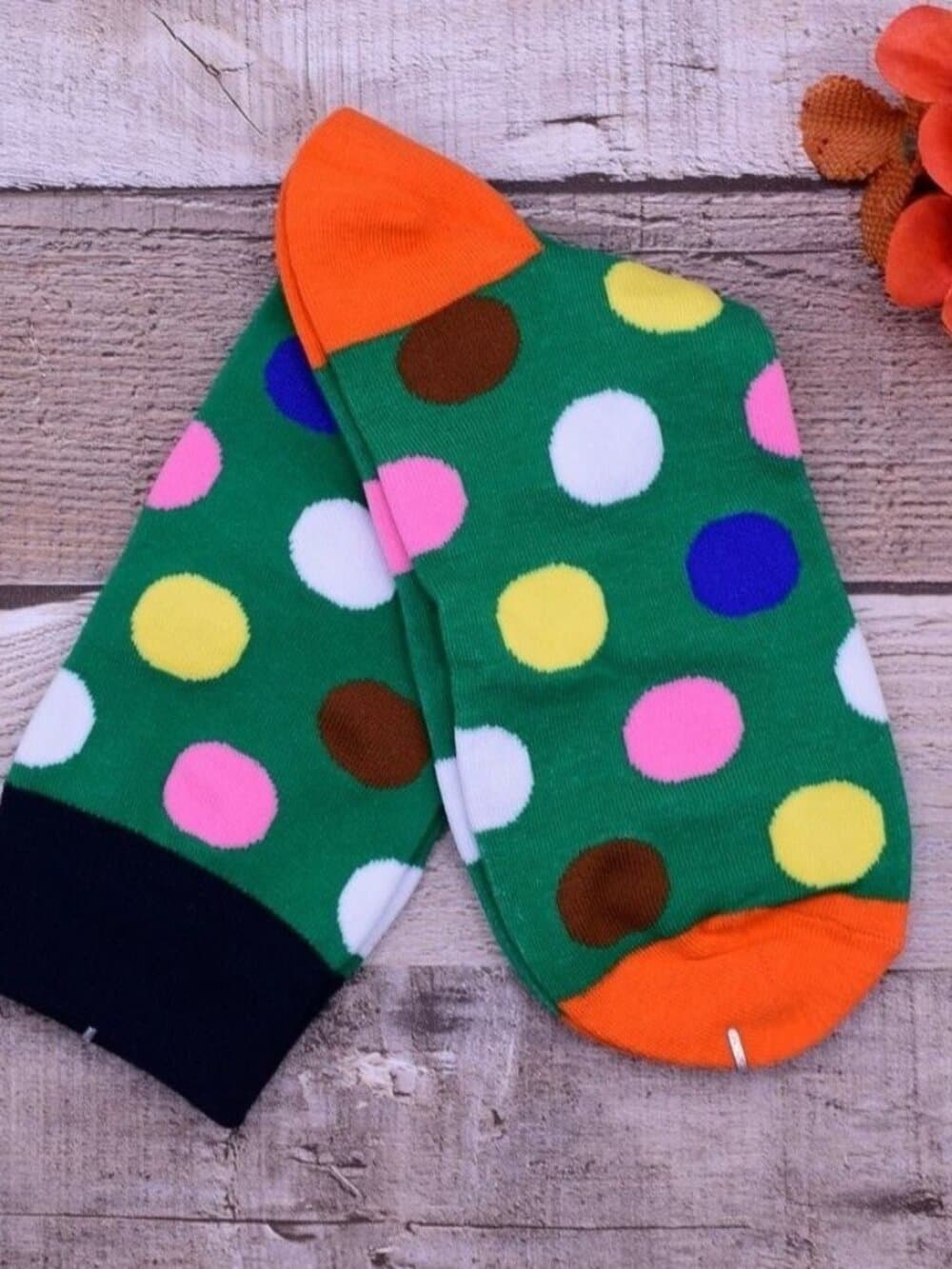 Miley Splash Womens Polka Dot Socks Colorful Dots on Green Orange Heel and Toe