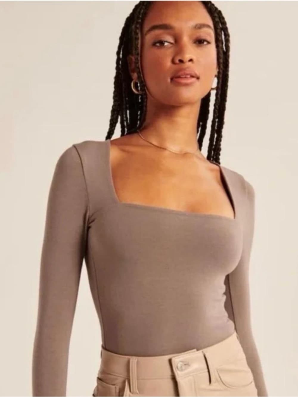 Abercrombie & Fitch Taupe Square-Neck Long Sleeve Bodysuit