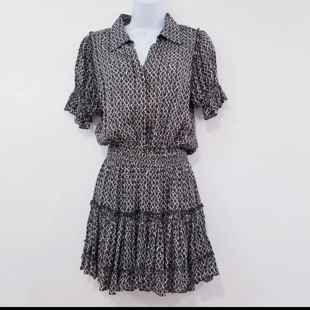 Skylar + Madison Brown and White Ruffled Puff Sleeve Mini Dress