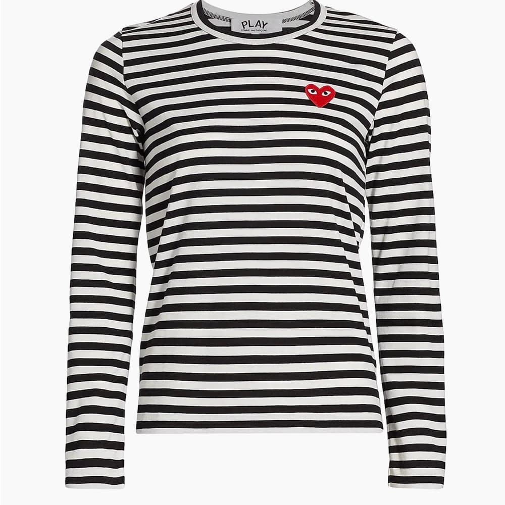 Commes des Garcons Play Striped Long-Sleeve Tee with Red Heart Patch
