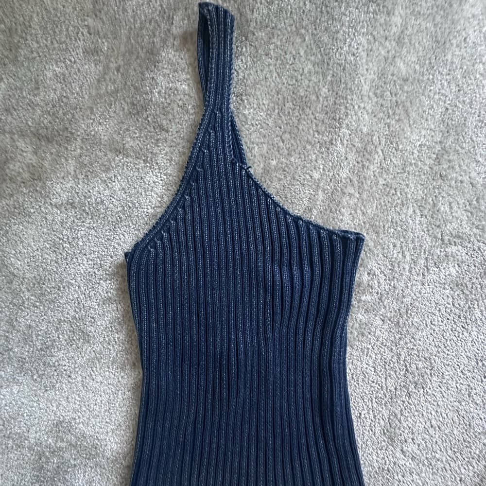 NBD Navy Ribbed One-Shoulder Top