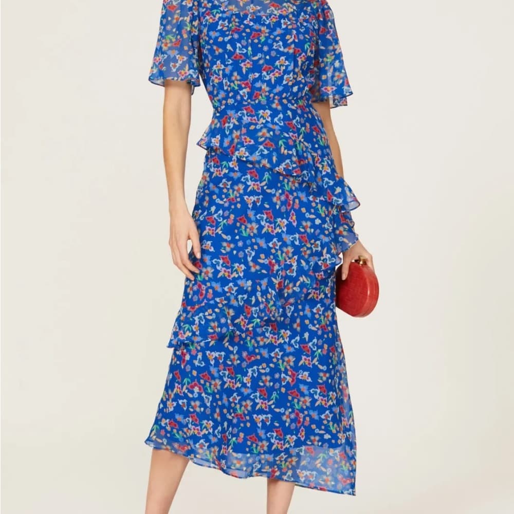 SALONI Blue Floral Ruffle Maxi Dress