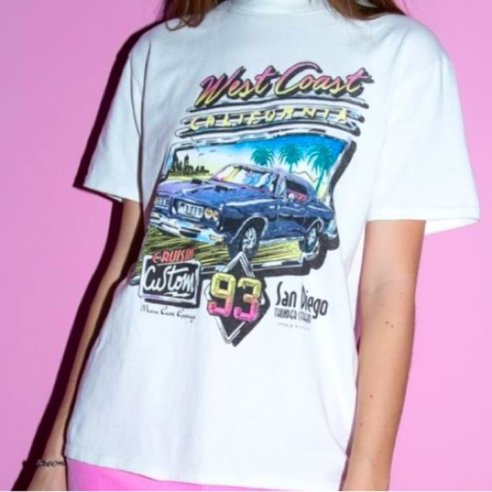 Brandy Melville White Short Sleeve Tee with Retro Car Graphic