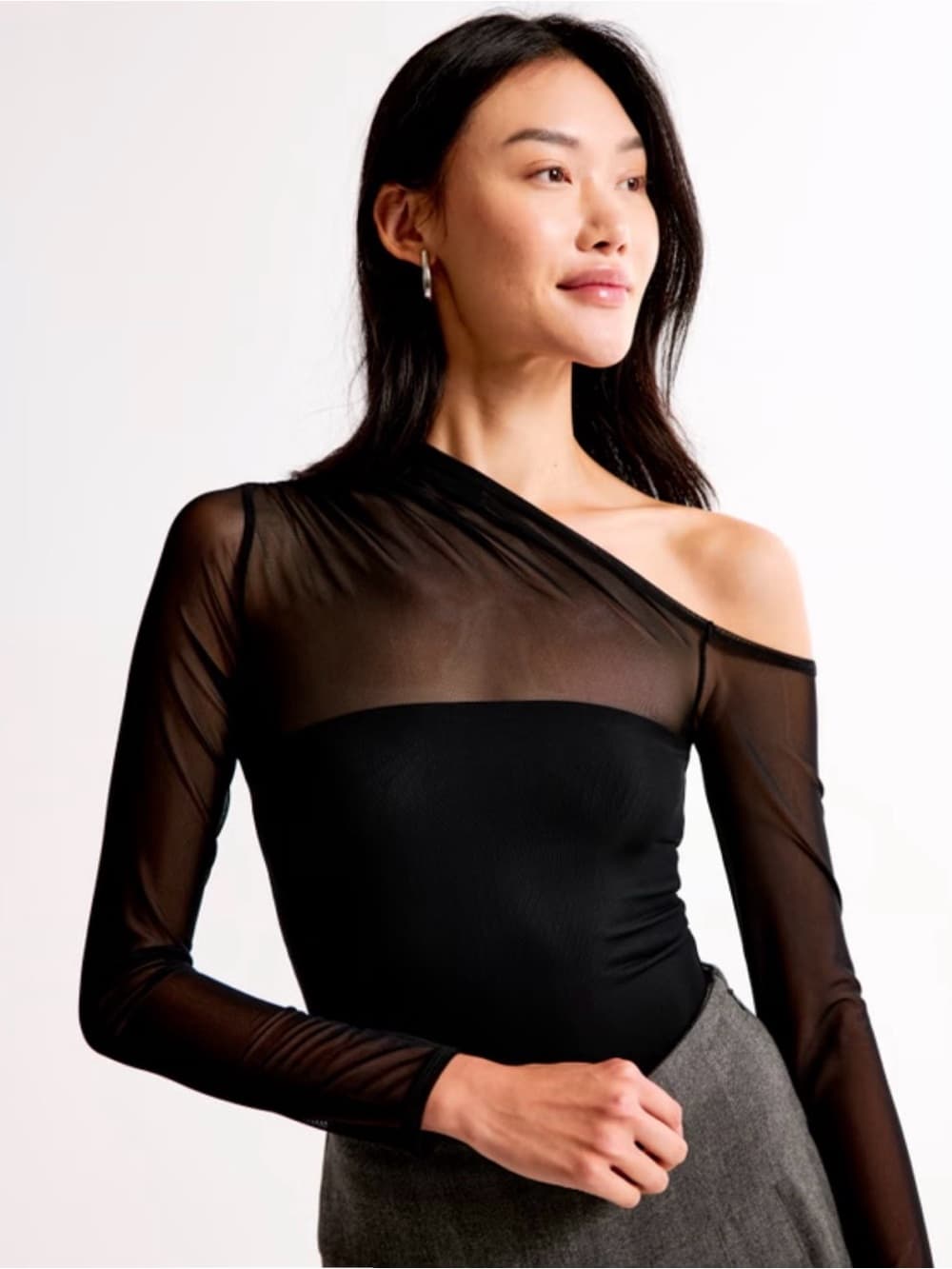 Abercrombie & Fitch Black One-Shoulder Sheer Sleeve Bodysuit
