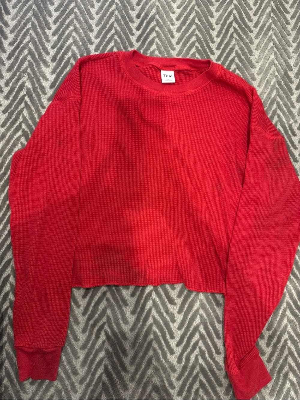 TNA Red Waffle-Knit Cropped Crew Sweatshirt