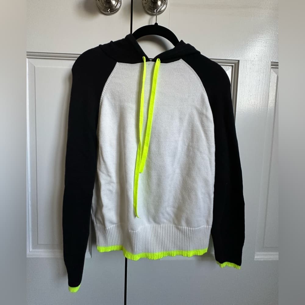 Central Park West Knit Hoodie in Ivory & Neon Yellow, Size XS