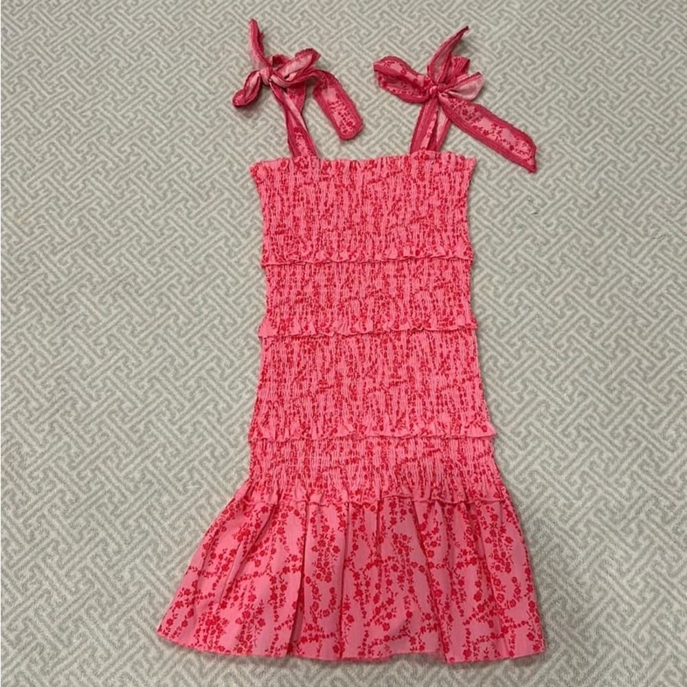 Smocked Pink Floral Dress with Bow Straps