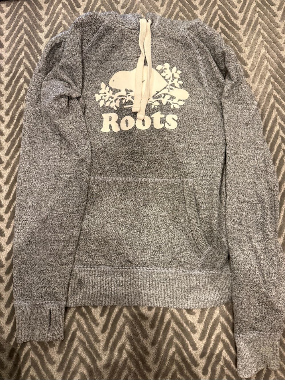 Roots Heather Gray Hoodie with Cream Maple Patch