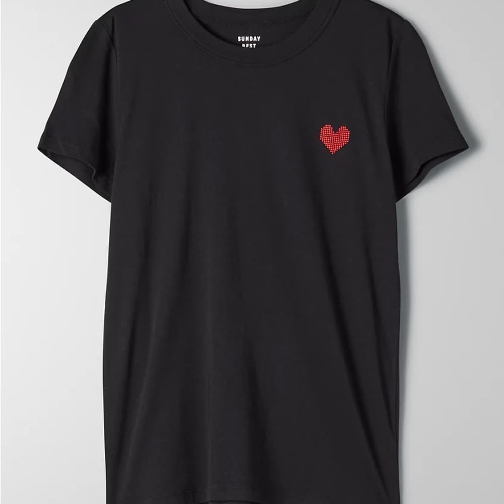 Sunday Best Black Tshirt with Embroidered Red Heart Detail