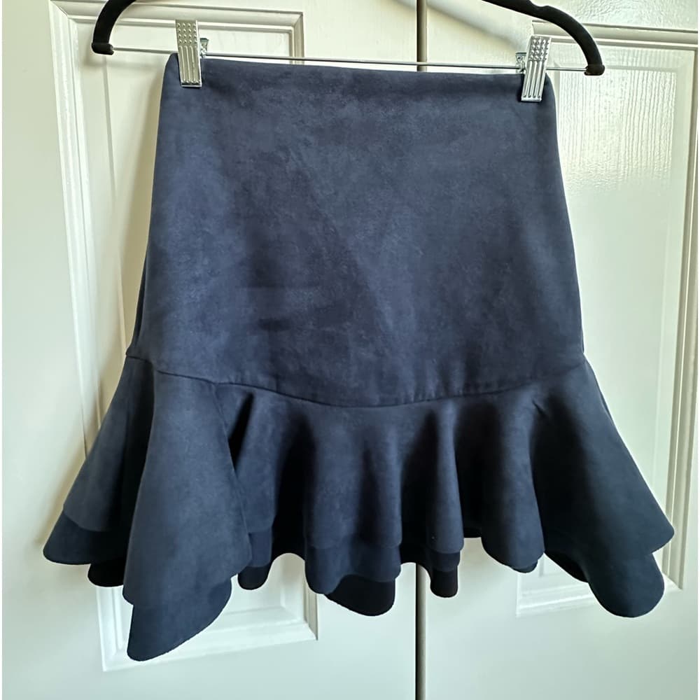 Aqua Navy Ruffled Faux Suede Skirt, Size Small