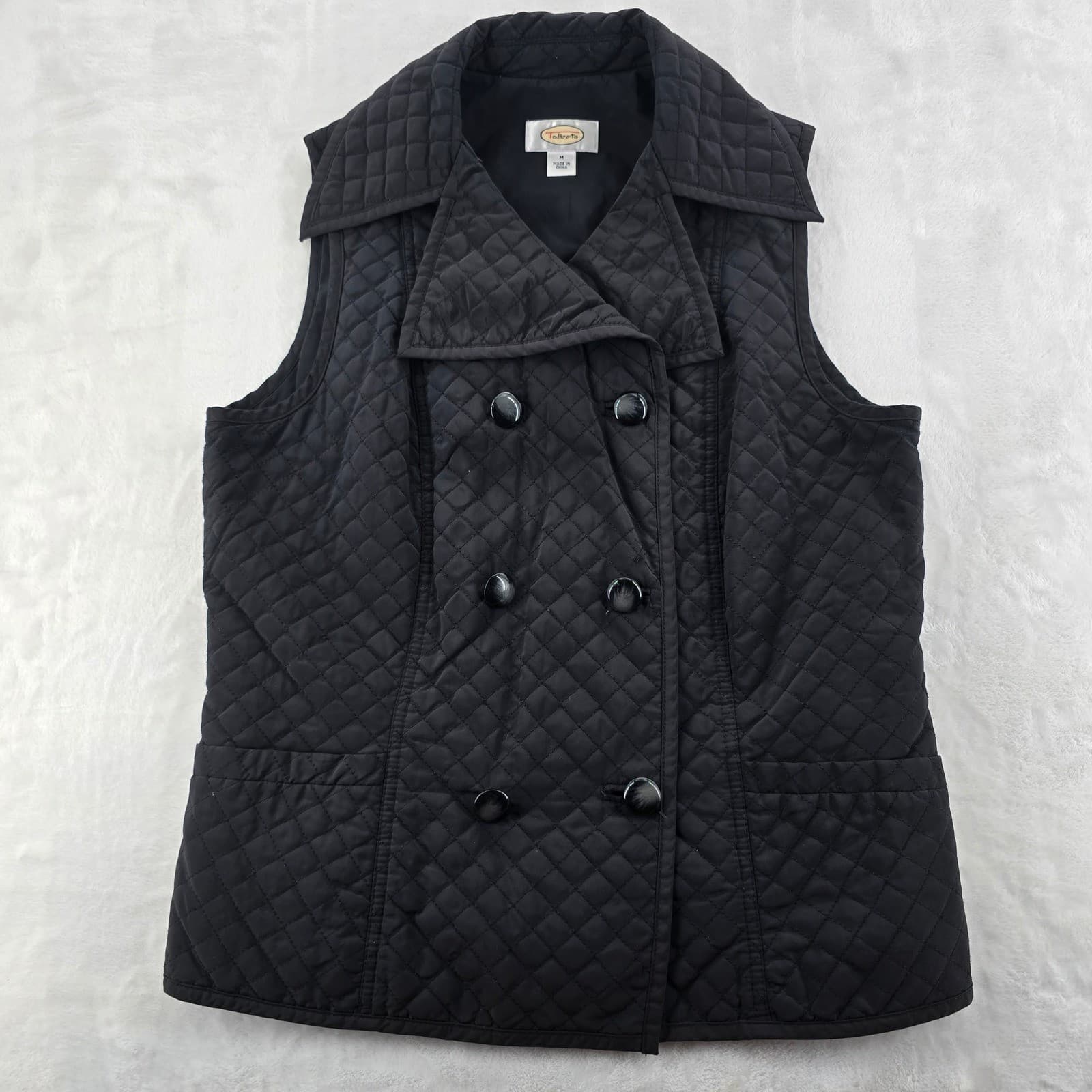 Talbots Vest Womens M Quilted Double Breasted Black Sleeveless Jacket Pockets
