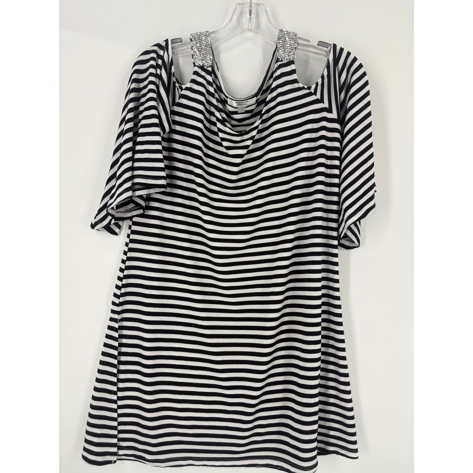 Harbor Drive Striped Cold Shoulder Tunic Top Womens Size L Rhinestone Strap