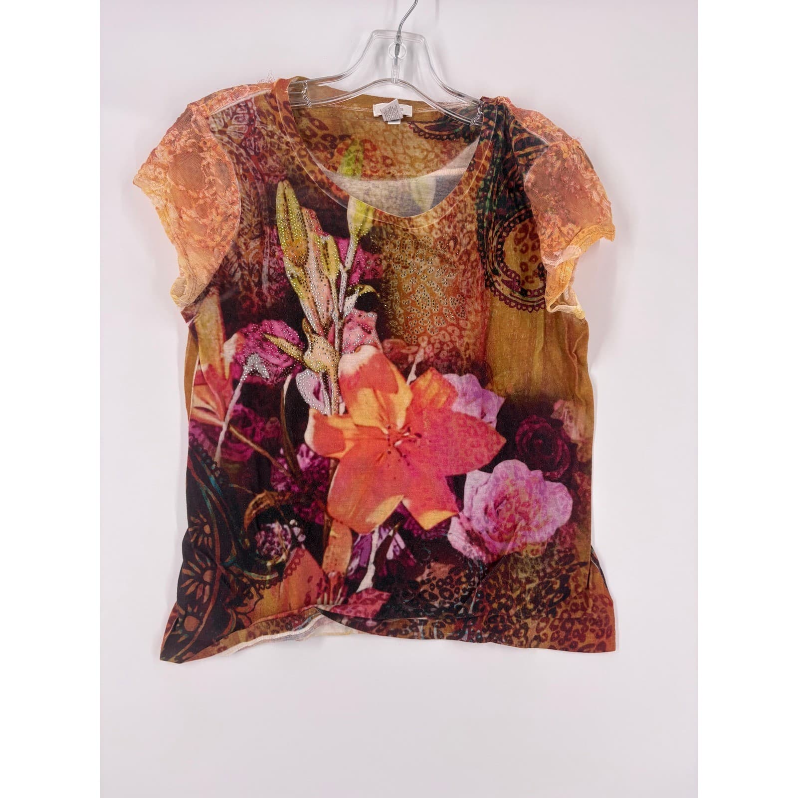 Chicos Size 1 Floral Print Sheer Lace Top Orange Brown Women's