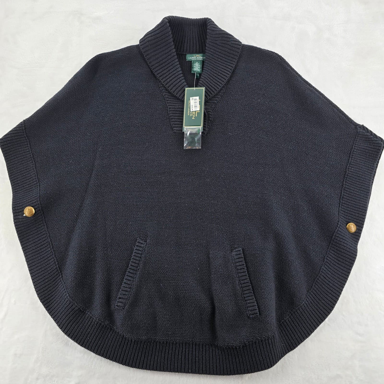 Lauren Ralph Lauren Poncho Womens M Sweater Navy Blue Knit Shawl Collar NWT