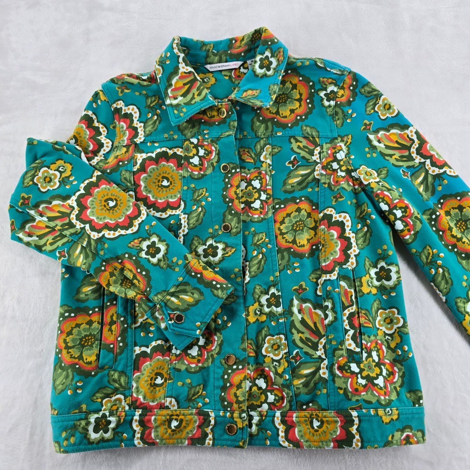 Isaac Mizrahi Live Jacket Womens M Jacket Teal Green Floral Cotton Spandex AE141