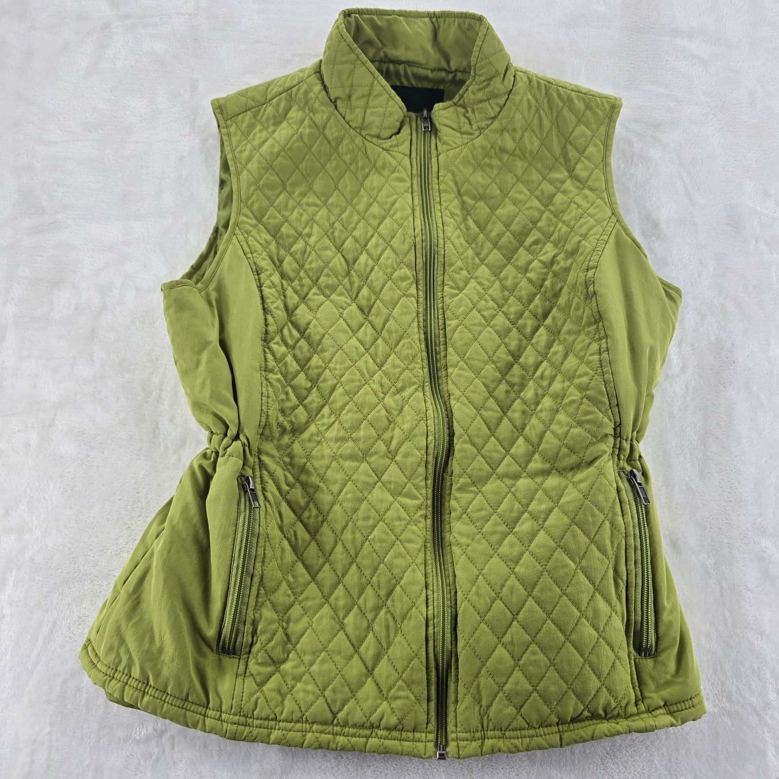 Relativity Vest Womens L Puffer Vest Green Quilted Full Zip Cinched Waist