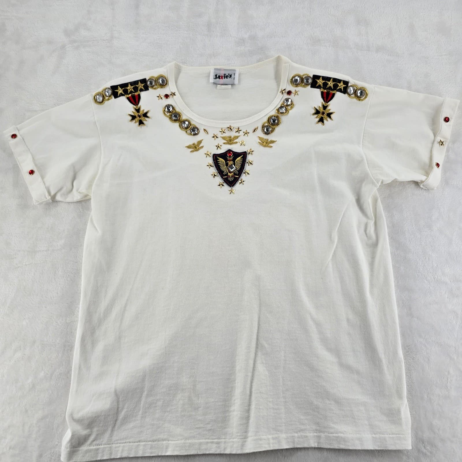 Jaxie's T-Shirt Womens L T-Shirt White Military Crest Embellished Vintage USA