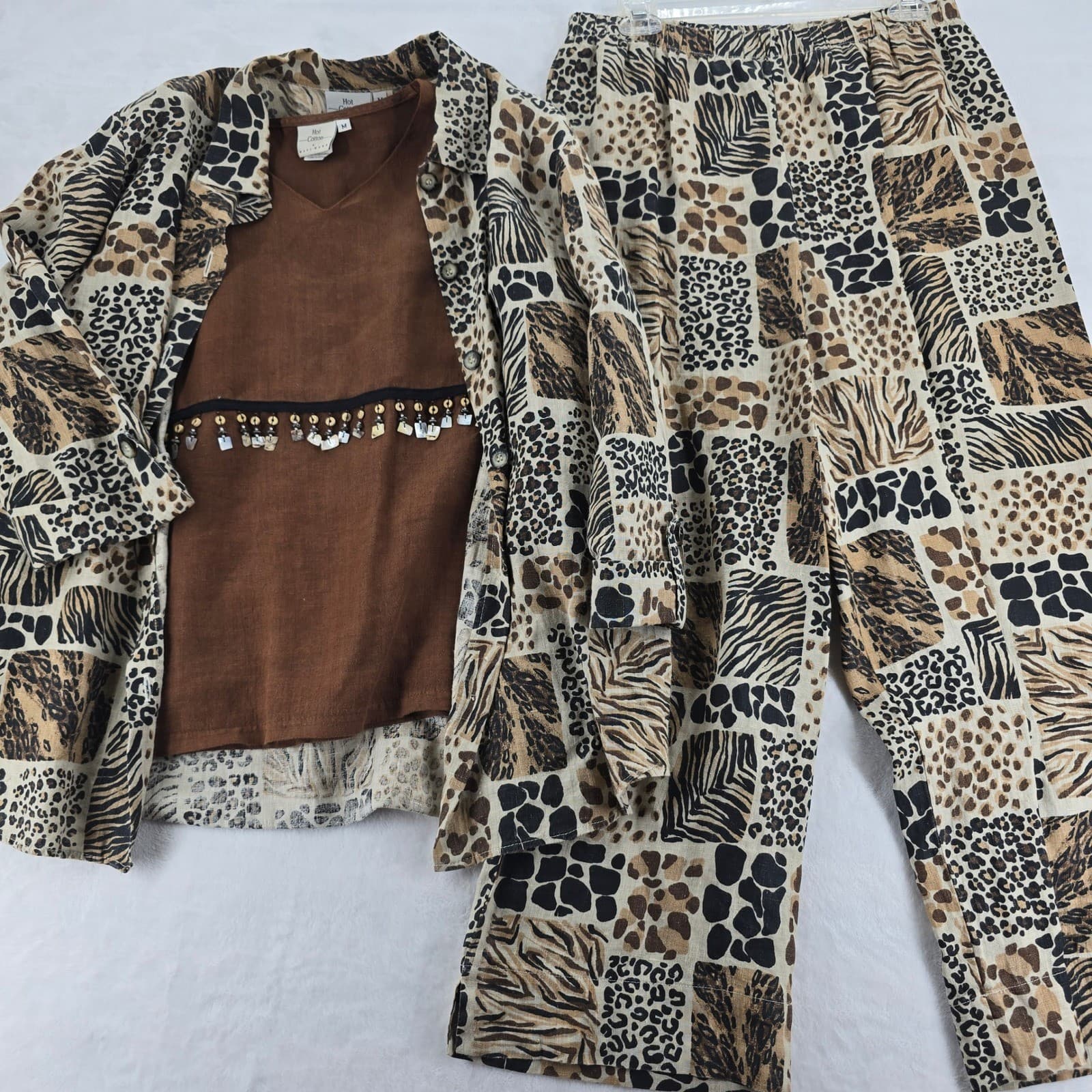 Hot Cotton Pant Set Womens Medium 3pc Linen Brown Animal Print Mixed Media