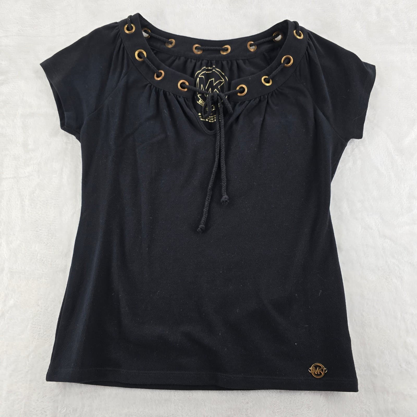 Michael Kors Top Womens Small Shirt Black Grommet Neck Short Sleeve Cotton