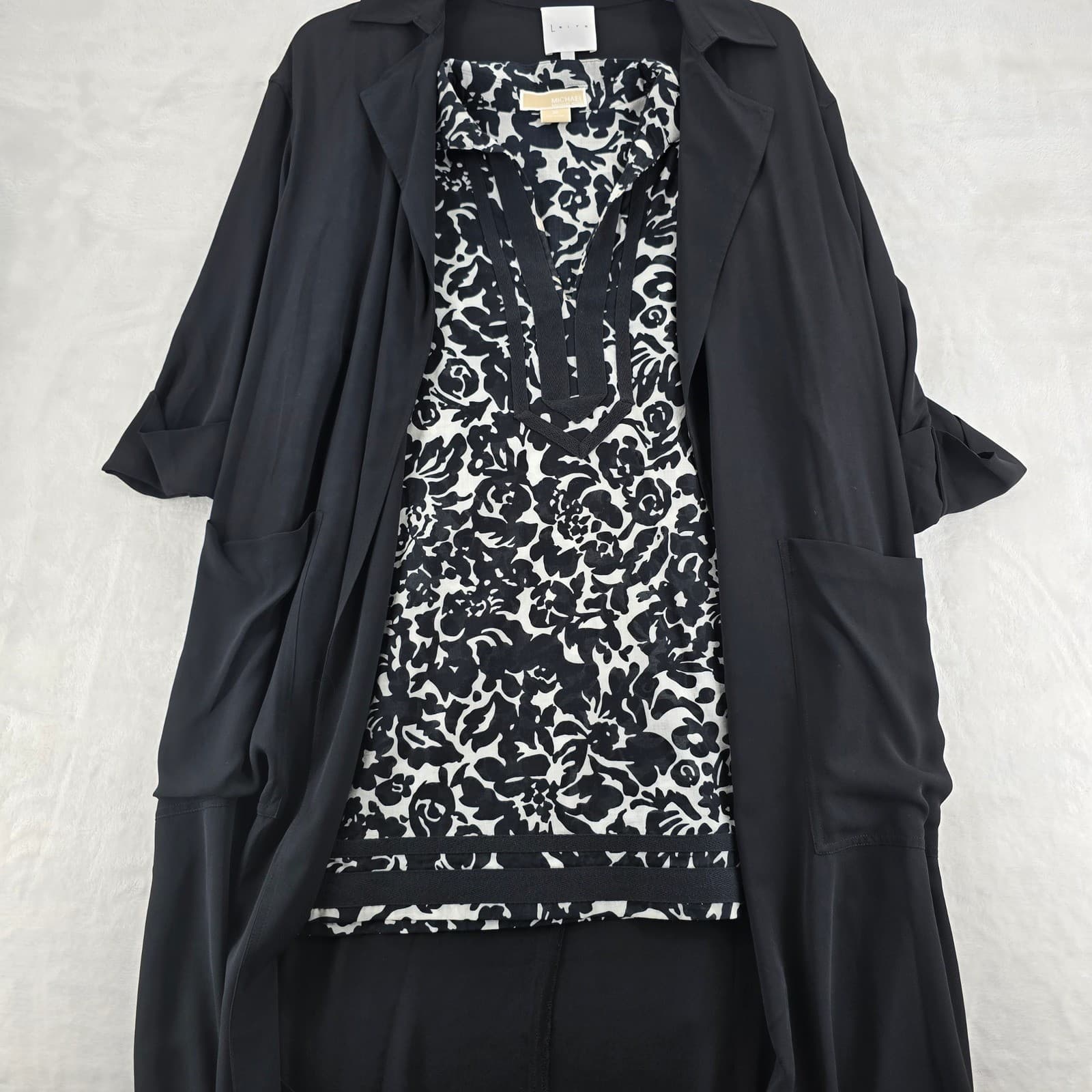 Leith Michael Kors Cardigan Womens M Duster Black White Floral Tunic 2pc Set