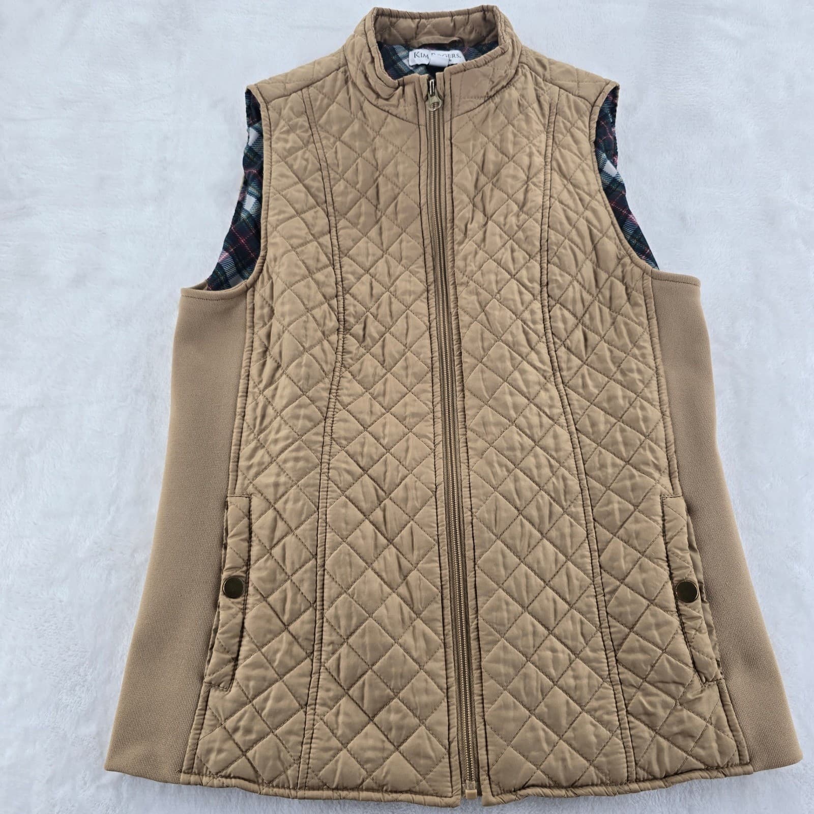 Kim Rogers Quilted Vest Womens PS Vest Tan Full Zip Plaid Lining Mock Neck