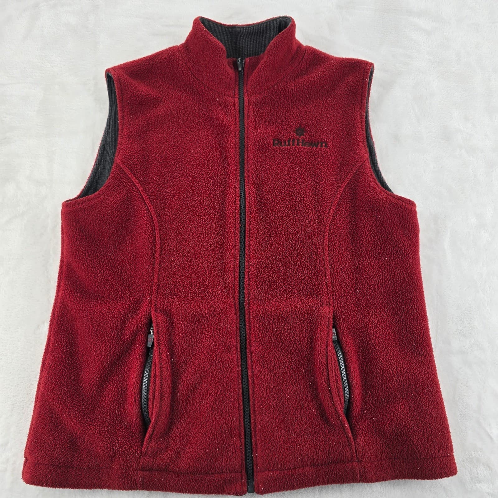 RuffHewn Fleece Vest Womens Medium Full Zip Burgundy Red Waffle Lined Pocket