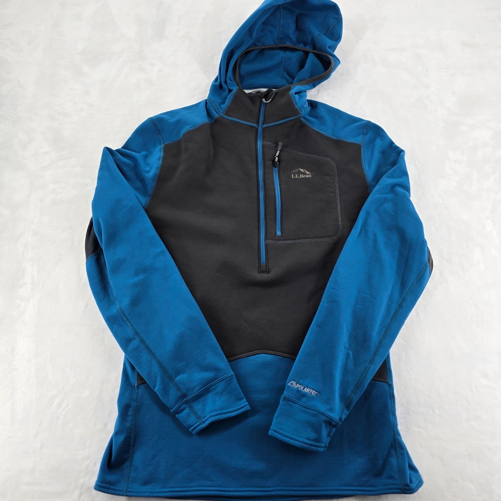 LL Bean Polartec 1/4 Zip Hoodie Mens Medium Fleece Pullover Blue Gray 500270