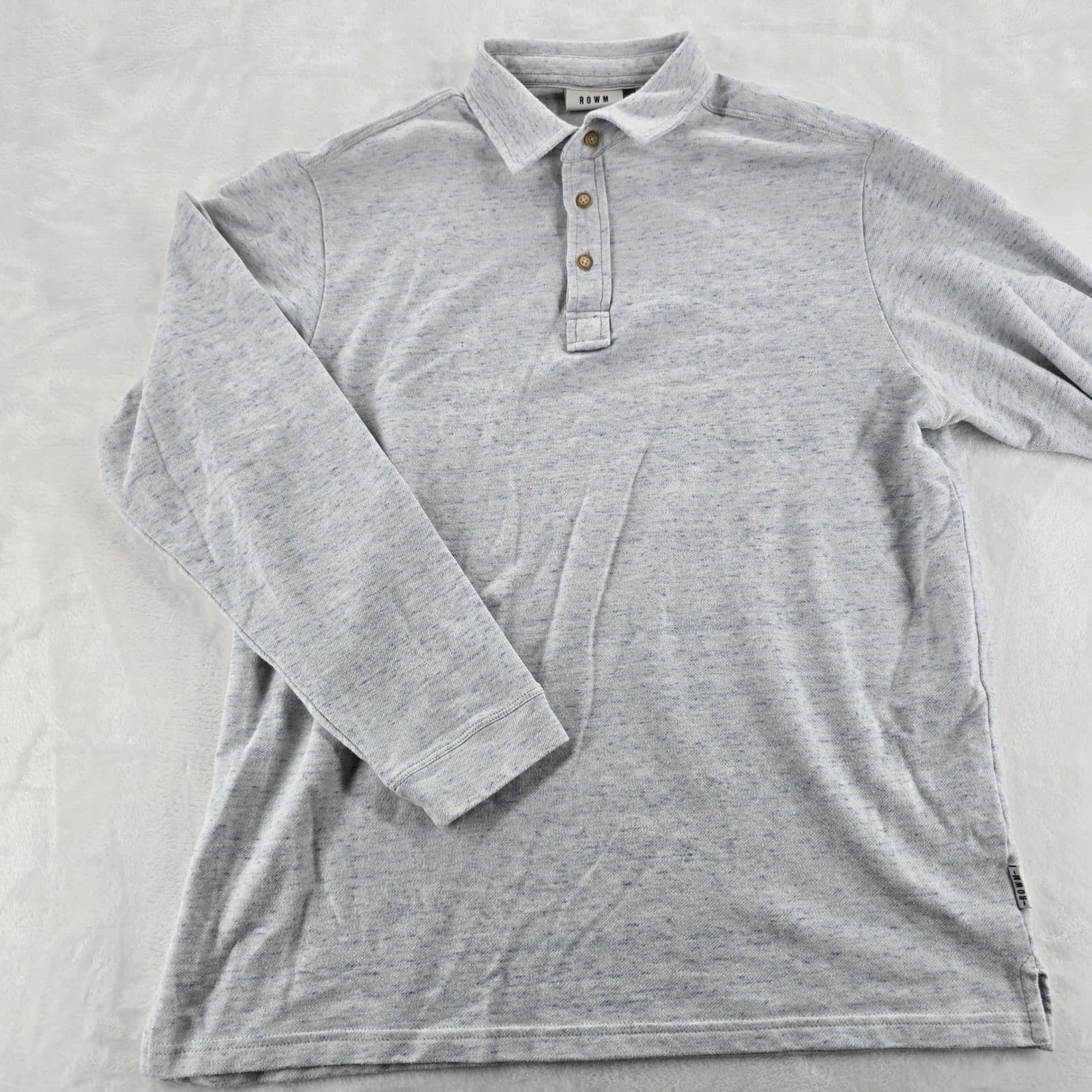 ROWM Polo Shirt Mens Large Long Sleeve Light Blue Heathered Cotton Blend