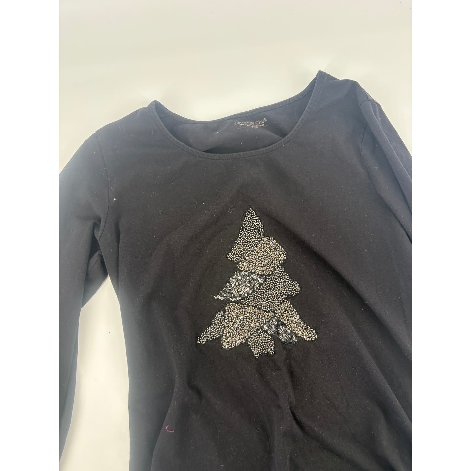 Coldwater Creek Black Embellished Christmas Tree Long Sleeve Top Womens XS 4