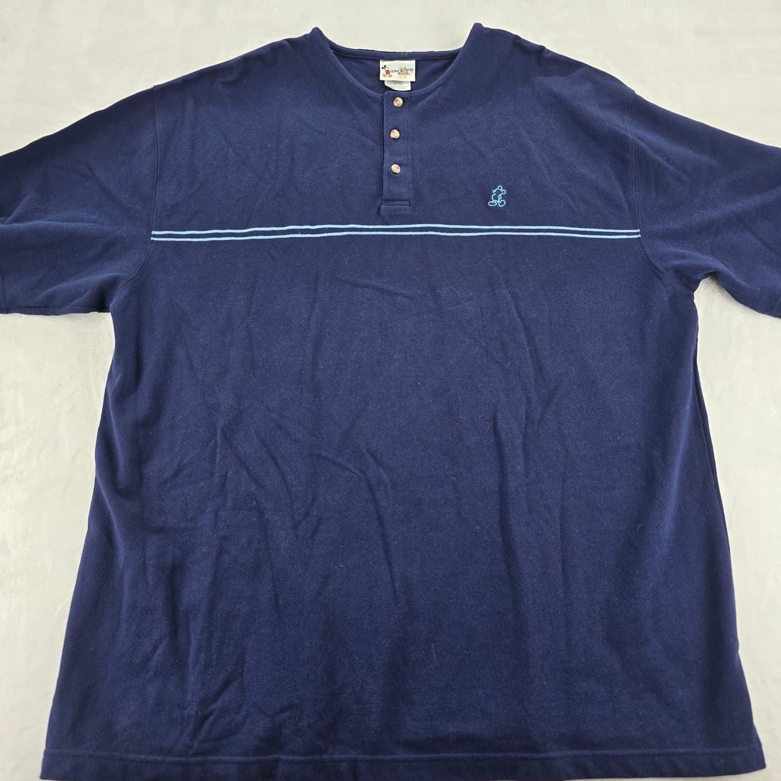 Walt Disney World Henley Mens XXL Shirt Navy Blue Mickey Mouse Pique Cotton NW