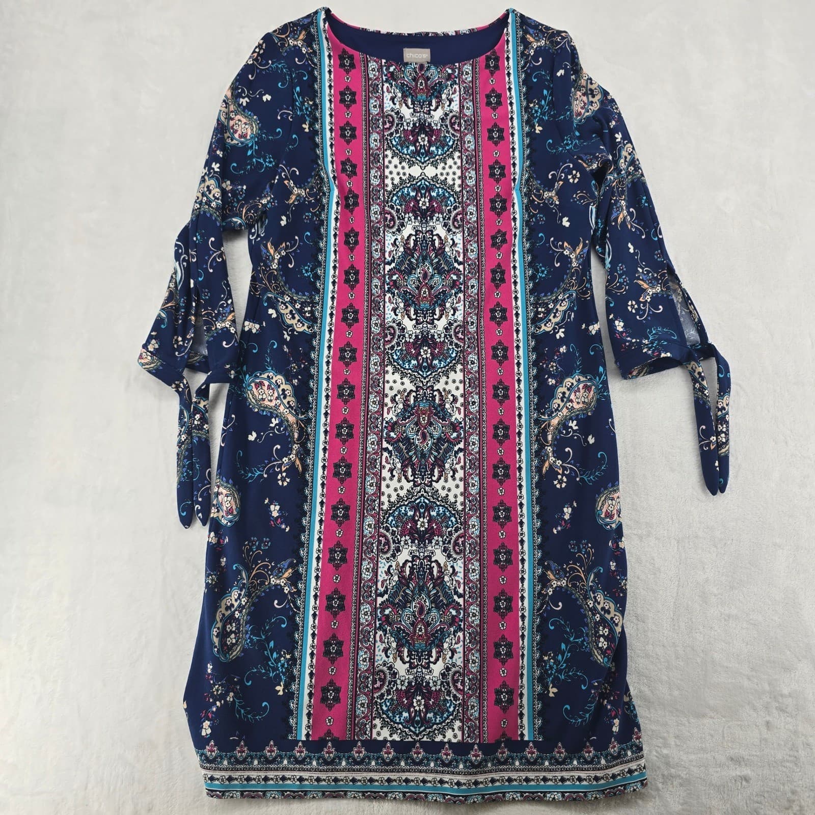 Chico's Shift Dress Womens 0 Dress Blue Paisley Medallion Tie Sleeve