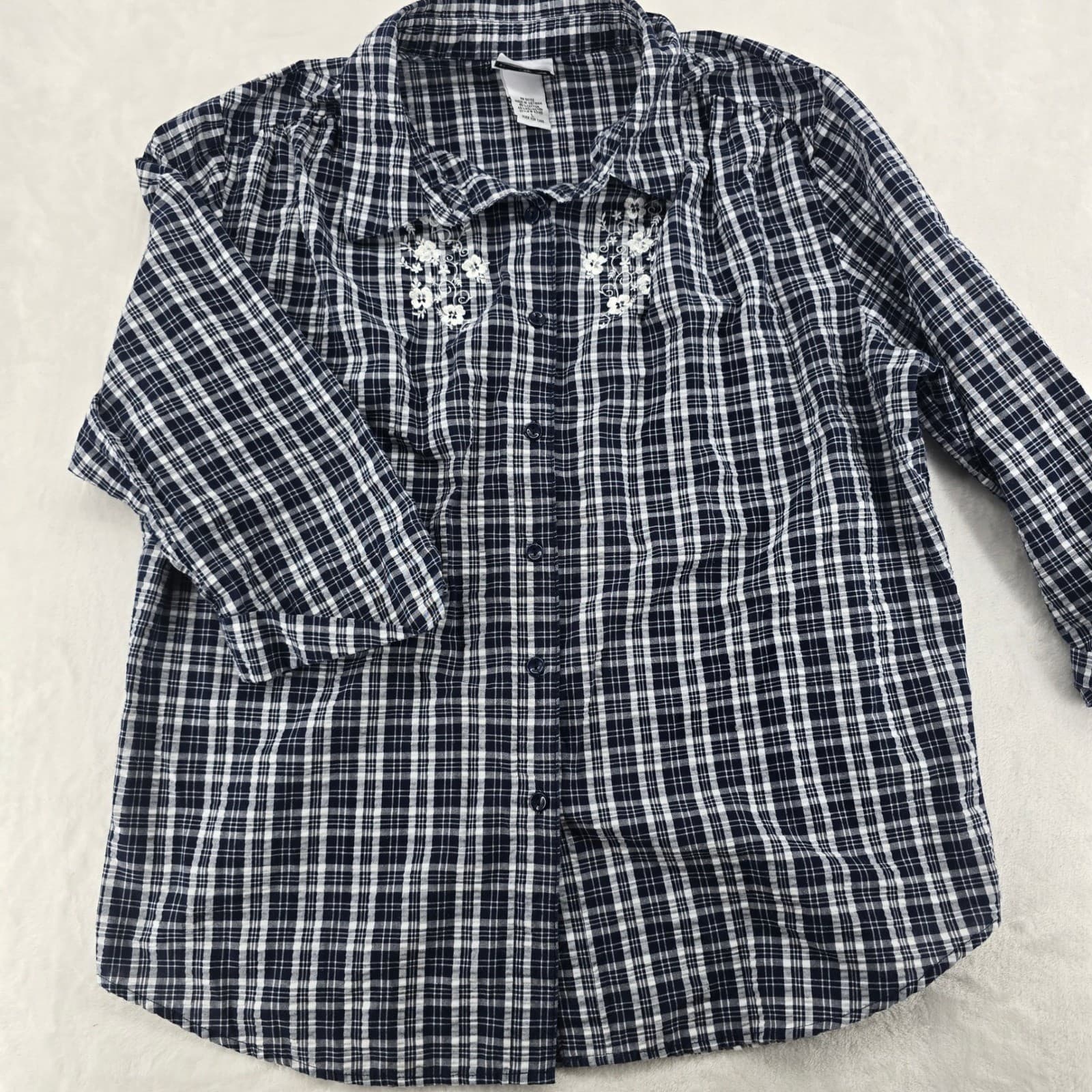 BonWorth Button Up Womens L Shirt Navy Blue Plaid Floral Embroidered 3/4 Sleeve