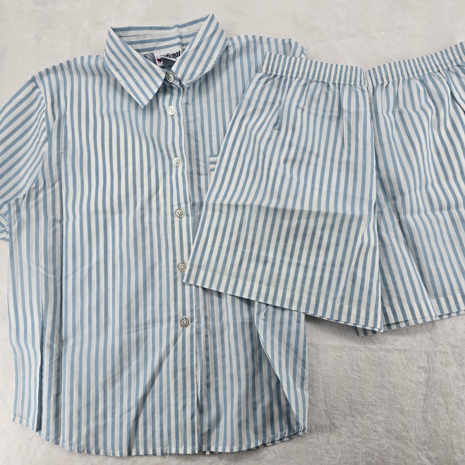 National Pajama Set Womens Large 2 PC Shorts Shirt Blue White Striped Cotton