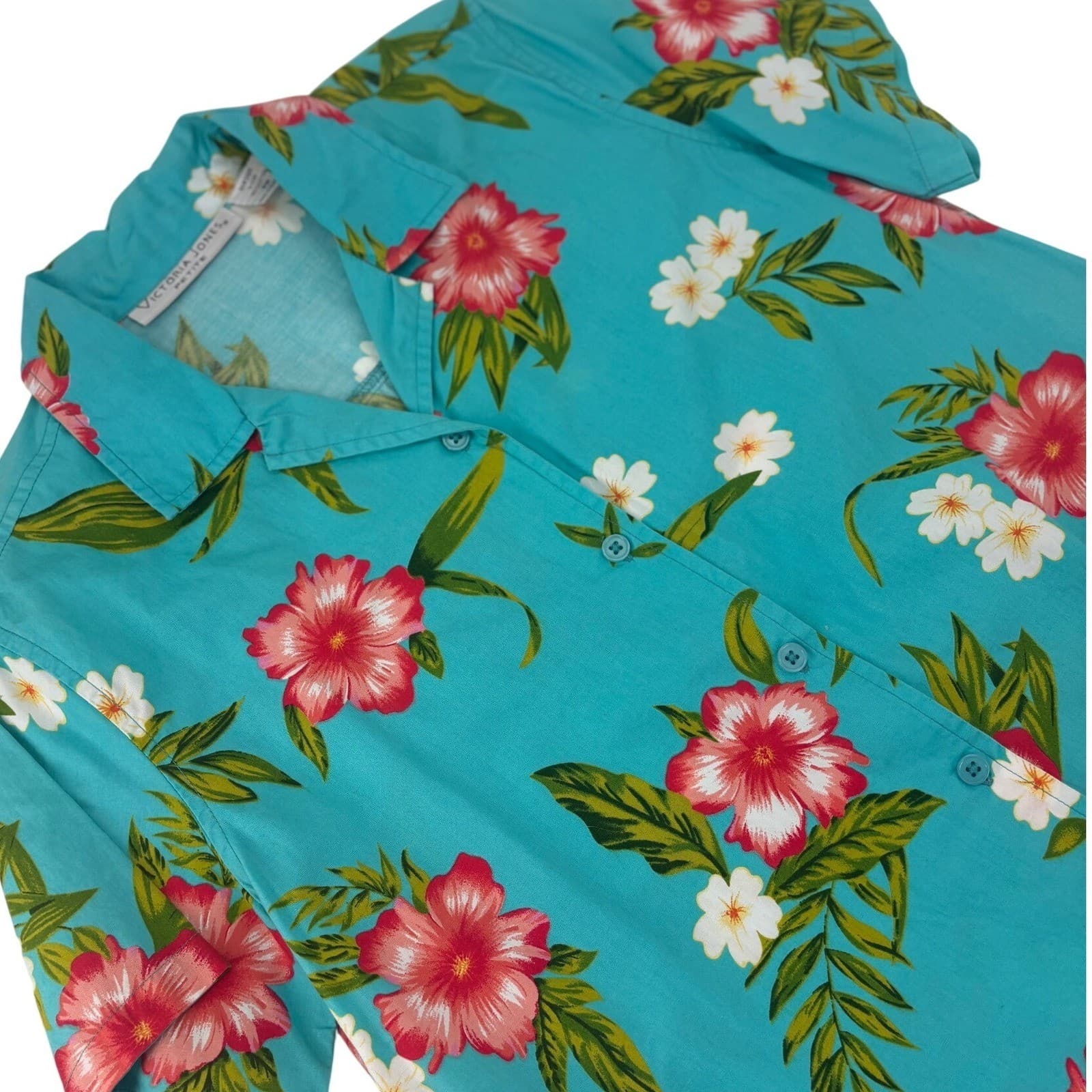 Victoria Jones Petite Button Up Shirt Tropical Floral PM Teal Blue Womens